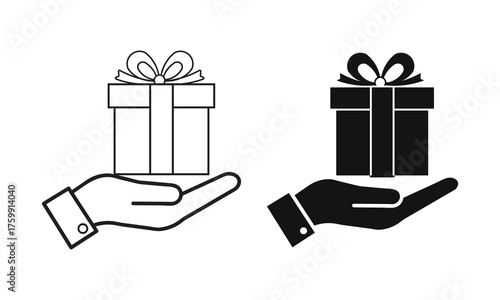 Minimalist gift giving icons side-by-side, outlined and solid hand holding gift box, clean black and white vector illustration