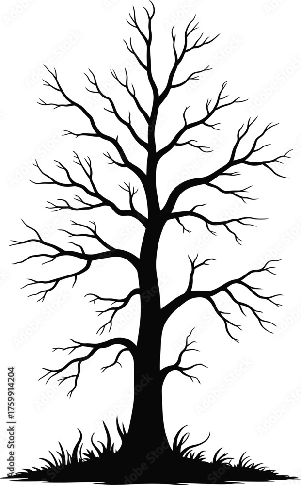 Obraz premium Black silhouette of a charred tree with transparent background, ideal for photo manipulations or graphic design projects requiring a stark and dramatic element 