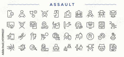 Assault icon set. Collection for mobile and web apps. Molest icon set. Included molest, abuse, man, crime, bullying, offend and more.