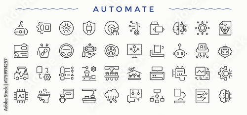 Set of Automate line icon. Related to automation, car and automation, robot, technology, ai, car and more. Thin line icons set. Automatic line icon set. Editable stroke. Vector collection.