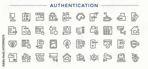 Authenticationicon. Set of line pictogram. Art and illustration. Verification related icon set. Contains such symbols as person, identification, id, bio, identity and more.