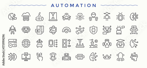 Automation icon set. Technology icon set. Contains outline symbols like engineer, development, innovation, ai, optimization, engineering, technology. Editable stroke.