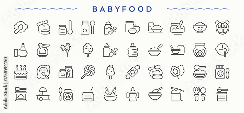 Babies Food icon set. Icons for application. Contains such icons as baby, feeding, milk, cereal, baby food. Editable vector art and illustration. Meal icon set.