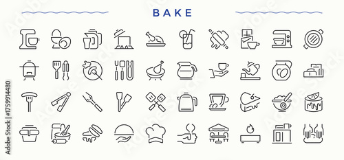 Bake modern icon set. Minimalist linear icons. Art and illustration. Pastry icon set. Includes symbols for bakery, food, kitchen, pastry, bakery, cafe and more.