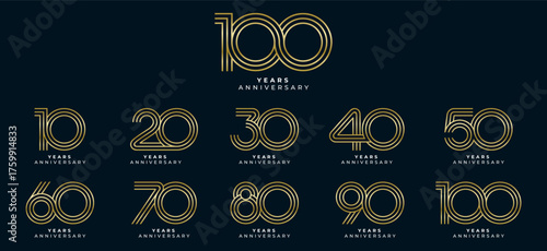 Set of vector logo designs for 1st to 10th anniversary, in gold color for celebrations, weddings and birthday