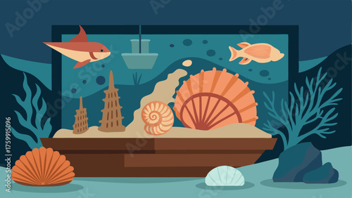 A display of fossilized shells and coral sits alongside a replica of a shipwreck highlighting the history and diversity of marine life.