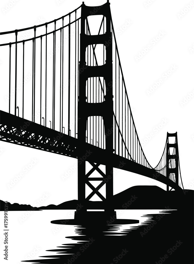 Fototapeta premium Black and White Graphic Suspension solid silhouette Golden Gate Bridge Vector Illustrations 