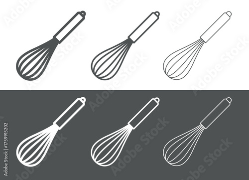 Whisk or whisk-beater icon. A hand-held tool for whipping cream or mousse, egg whites, or yolks. A kitchen or chef's tool. Used in making confectionery, milkshakes, or baked goods.