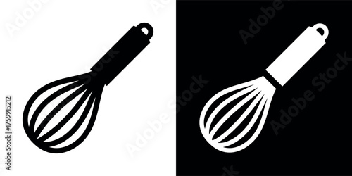 Whisk or whisk-beater icon. A hand-held tool for whipping cream or mousse, egg whites, or yolks. A kitchen or chef's tool. Used in making confectionery, milkshakes, or baked goods.
