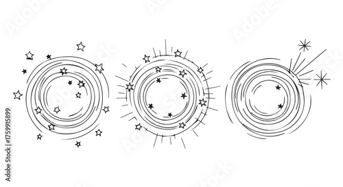 Three abstract circular graphic elements with stars and lines, isolated on transparent background