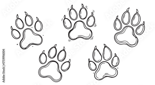 Five handdrawn paw print outlines arranged in a scattered pattern, isolated on transparent background