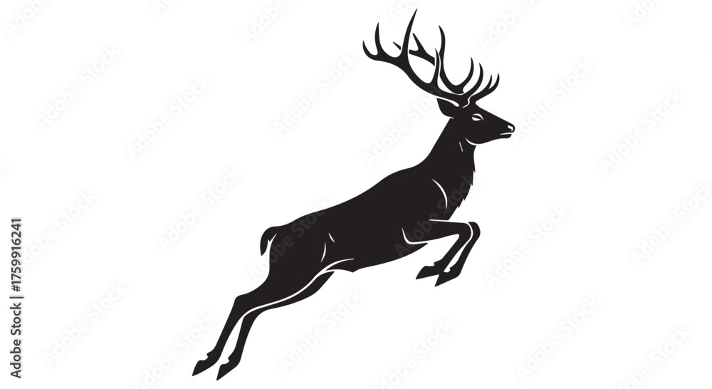 Obraz premium Silhouette of a leaping stag with large antlers, isolated on transparent background