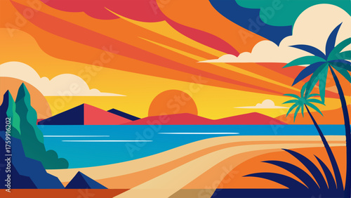 A colorful handpainted mural of a sunset on the beach bringing the outside in.