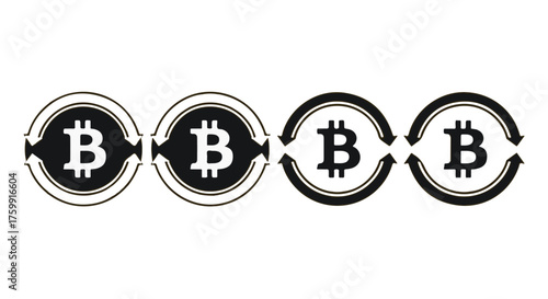Bitcoin logo repeated in a row, isolated on transparent background
