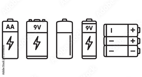 Assortment of battery types and sizes isolated on transparent background
