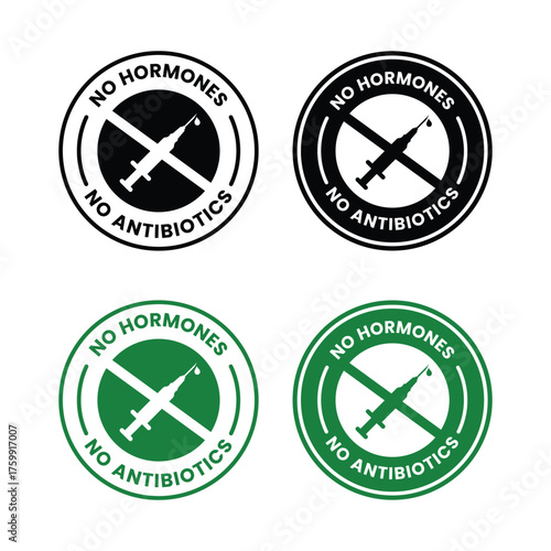 Hormone Free Badge, Rubber Stamp, Label, Seal, Emblem, No Hormone, No Antibiotics, Packaging Design Elements, Product Label Design With Grunge Effect Vector Illustration