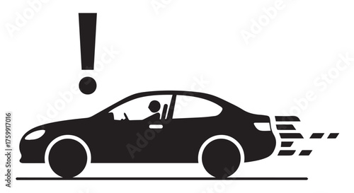 Speeding car with exclamation mark icon isolated on transparent background