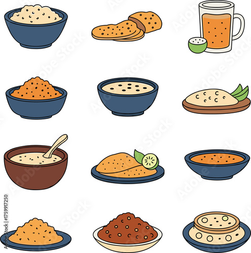 Indian regional food icons - flat vector illustration