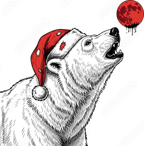 Polar Bear Howling at Blood Moon in Santa Hat