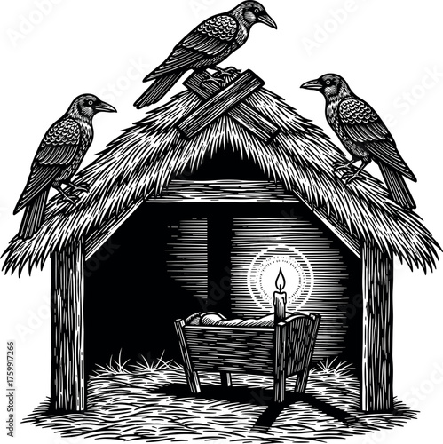 Crows on Nativity Stable with Candlelit Manger, Engraving Style
