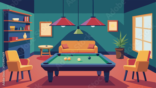 A game room with a pool table foosball table and comfortable seating