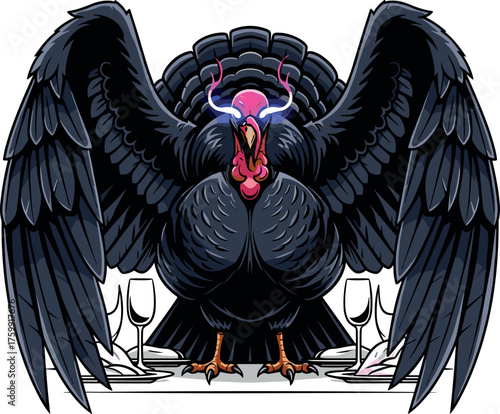 Menacing Turkey with Glowing Eyes on a Dinner Table