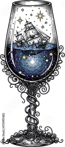 Vintage ship in celestial wine glass, dreamlike fantasy art