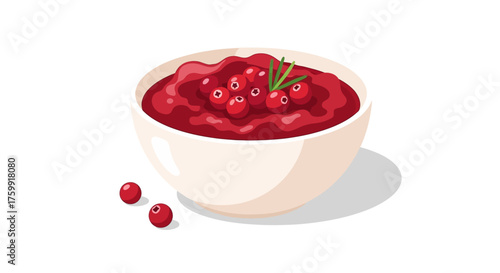 A simple yet appealing flat design illustration of a bowl filled with bright red cranberry sauce, a classic Thanksgiving side dish. This clean, modern graphic highlights the festive food.