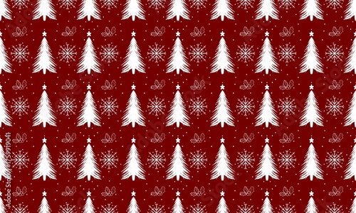 Festive Winter Holiday Seamless Red Background with White Trees and Snowflakes