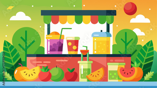 A colorful juice bar offering freshly pressed juices and smoothies with a vibrant mural of fruits and vegetables on the wall behind it.
