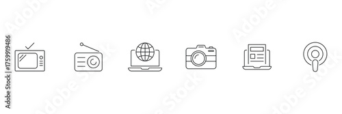 Media and news line icons. Contain icon related to mass media, social networks, public media, journalism, networking, and more. Vector illustration.