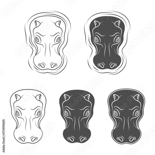 Set of black and white illustrations with hippopotamus. Isolated vector objects on white background.