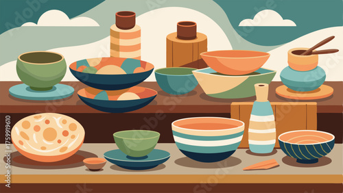 A collection of ceramic bowls and plates handmade by local artisans are arranged on a wooden table as part of a functional art exhibit.