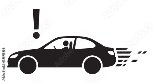 Silhouette of a car with a driver and an exclamation mark, isolated on transparent background