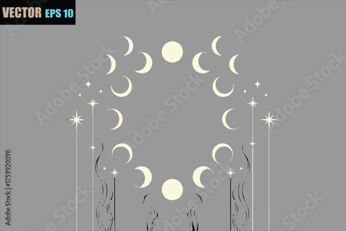 Mystical crescent moon phases arranged in an arc with celestial stars and ornate gothic archways symbolizing cosmic cycles and ancient wisdom