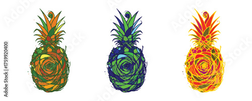 Three stylized pineapples with abstract swirling patterns in different color palettes on a white background.