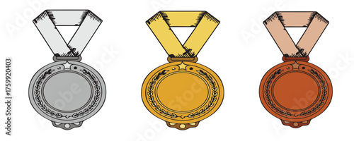 Three medals for first, second, and third place, depicted in gold, silver, and bronze colors with ribbons.