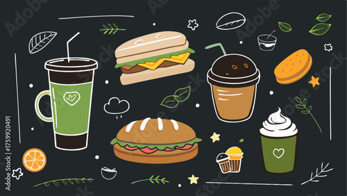 A chalkboard menu featuring specialty coffee drinks and artisanal sandwiches.