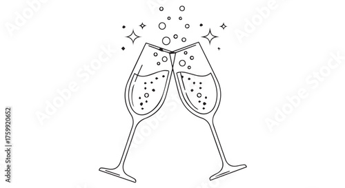 Two champagne glasses clinking together with bubbles and sparkles isolated on transparent background