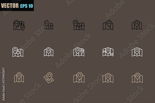 Collection of vintage architectural building facade icons representing historic structures and facades in a stylized outline design