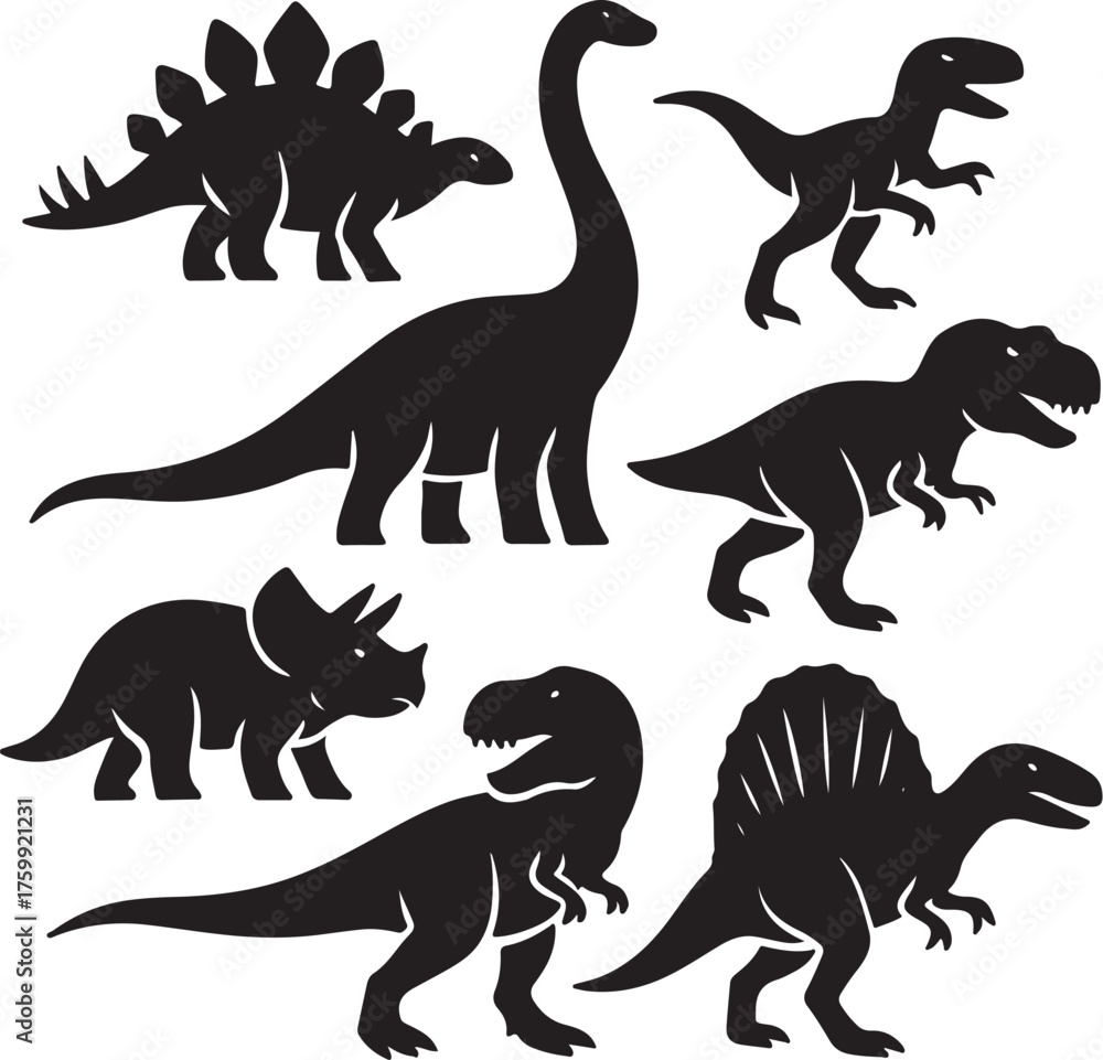 Naklejka premium PrintCollection of silhouetted dinosaur illustrations on a textured background