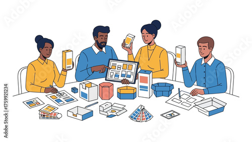 Diverse team designing packaging prototypes reviewing designs on a tablet vector illustration for branding and product development