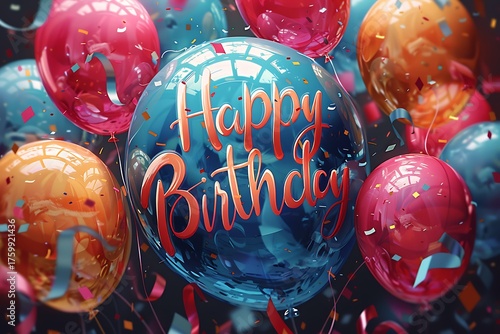 Vibrant colorful balloons wishing a happy birthday with festive confetti, create a celebratory mood for invitations, cards, and event promotions