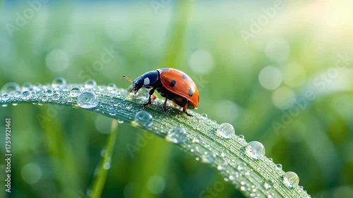 Ladybug on Dewy Grass: Close-up of a Ladybird in Nature