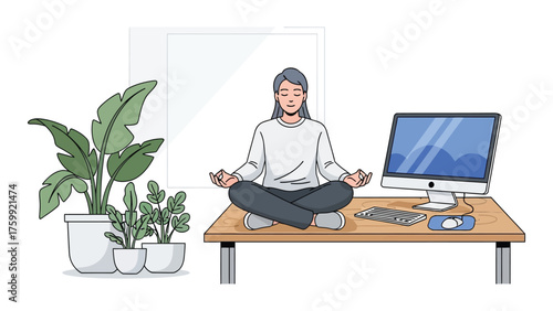 Woman meditating at her desk a vector illustration showing mindfulness and stress relief perfect for promoting workplace wellness programs