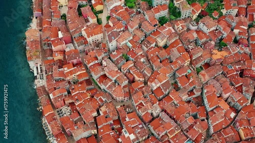 Aerial panorama of Croatian landmark, old town Rovinj and the cathedral of St. Euphemia, Istria, Croatia.