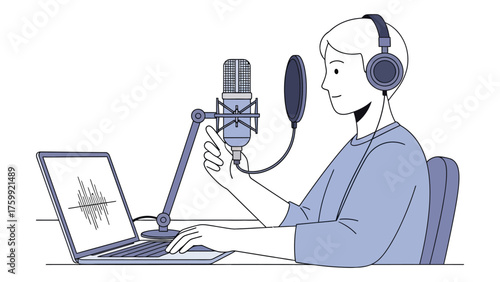 Man recording podcast with microphone and laptop flat vector illustration for audio content creation isolated on white background
