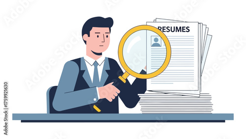 Man reviewing resumes with a magnifying glass vector illustration of job search and recruitment process isolated on white background