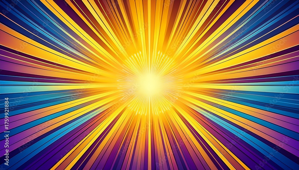 Fototapeta premium a bright yellow sunburst radiates outwards into a gradient of blue and purple hues