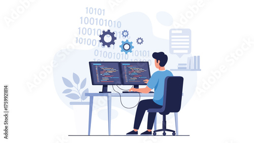 Software developer working on code vector illustration of programmer at desk with dual monitors concept for application development and debugging